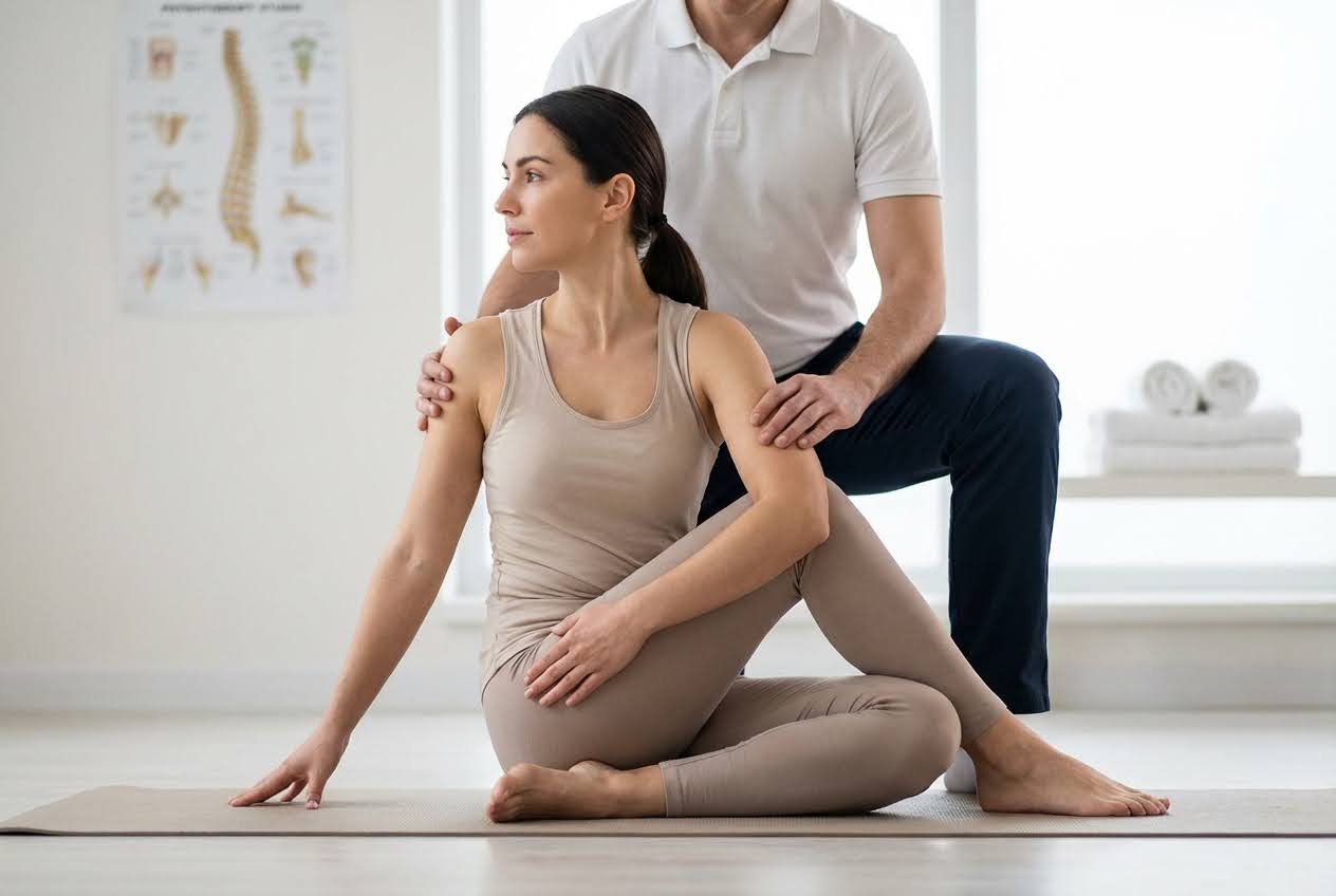 Woman in beige activewear doing a seated spinal twist on a yoga mat, with a male instructor assisting.