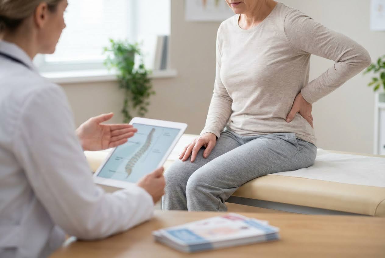 Doctor discussing a spine diagram with a patient experiencing lower back pain.