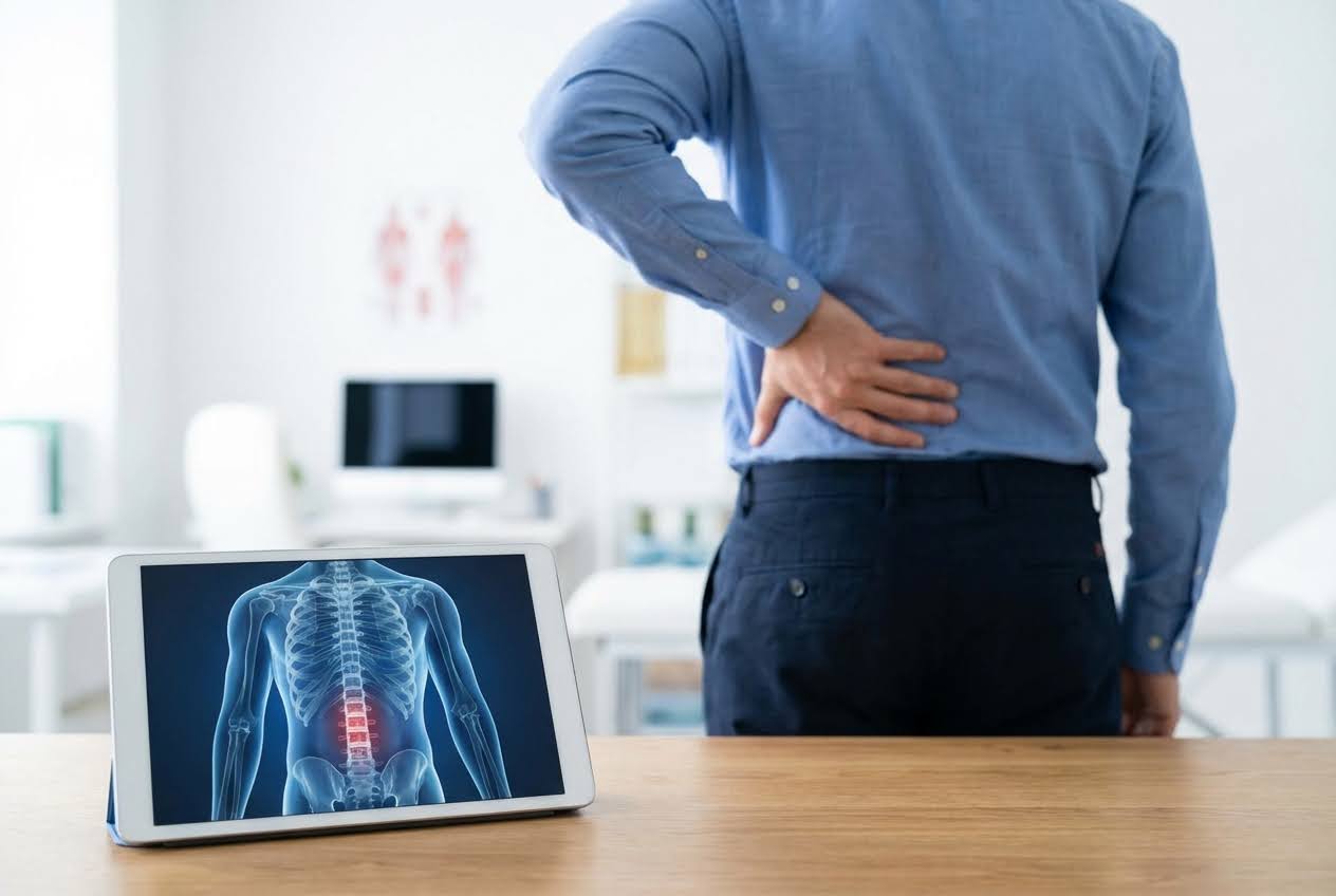 Man in blue shirt holding his lower back, with a tablet showing a glowing red spine on a human skeleton.
