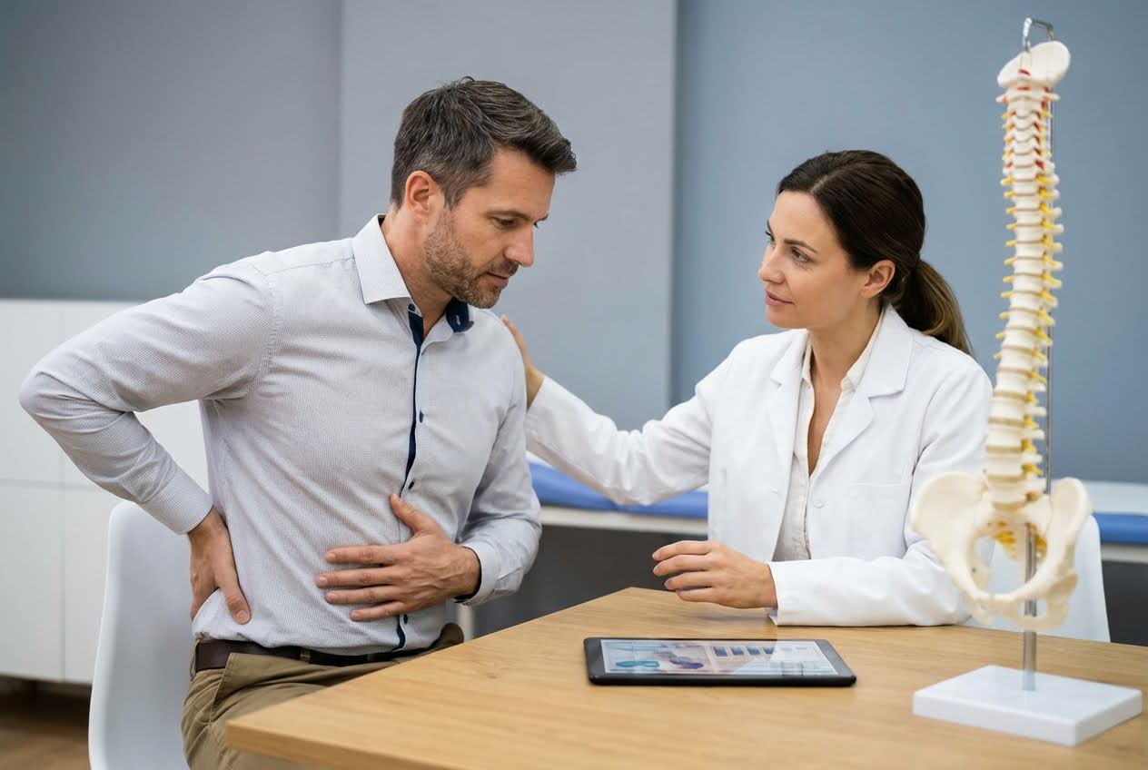 Man in pain holding his back and stomach, talking to a female doctor with a spine model on the table.