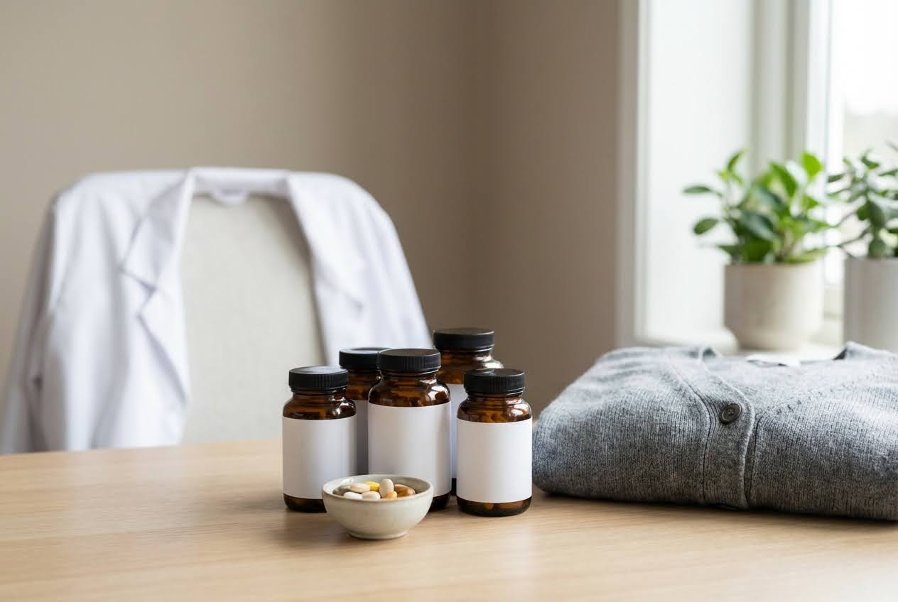 Amber vitamin bottles and a bowl of pills on a wooden table, with a white lab coat and gray sweater in the background.