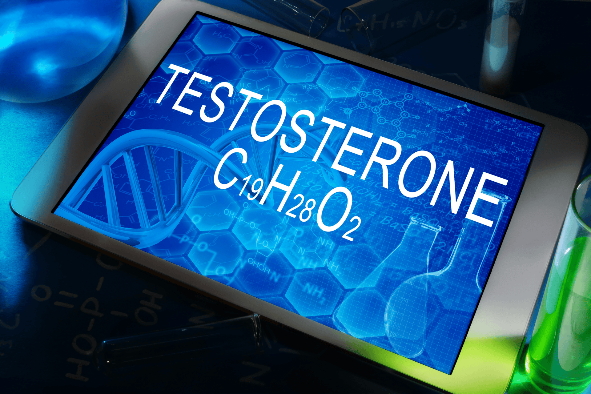 Tablet screen displaying the word “Testosterone” with its chemical formula.