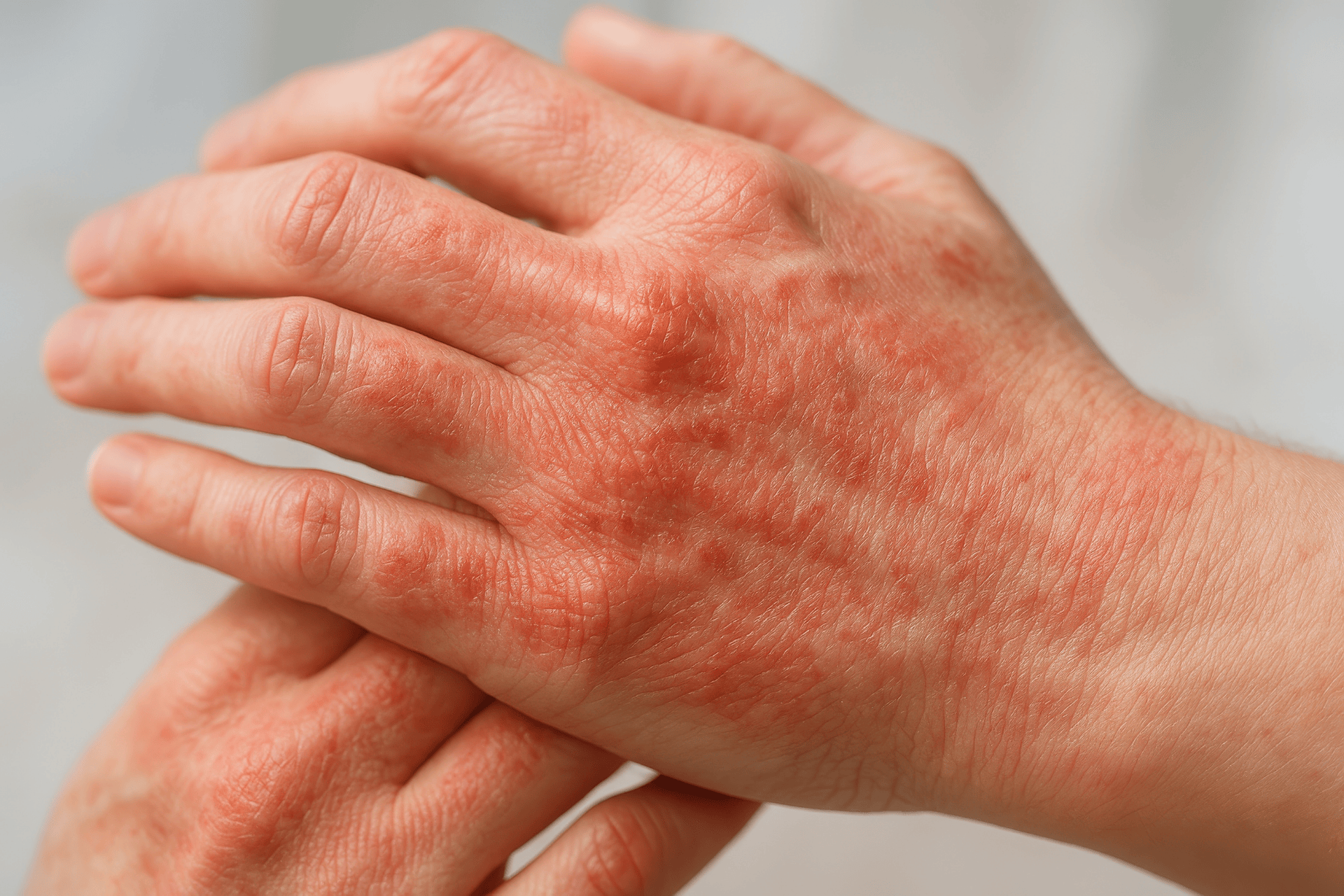 Close-up of hands with red, irritated skin showing signs of eczema.