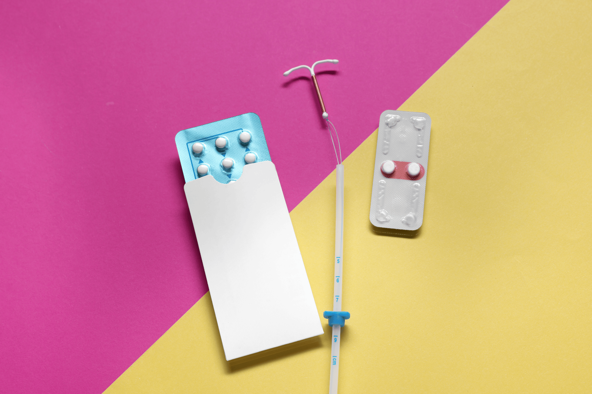 Various birth control options, including pills and an IUD, displayed on a colorful background.
