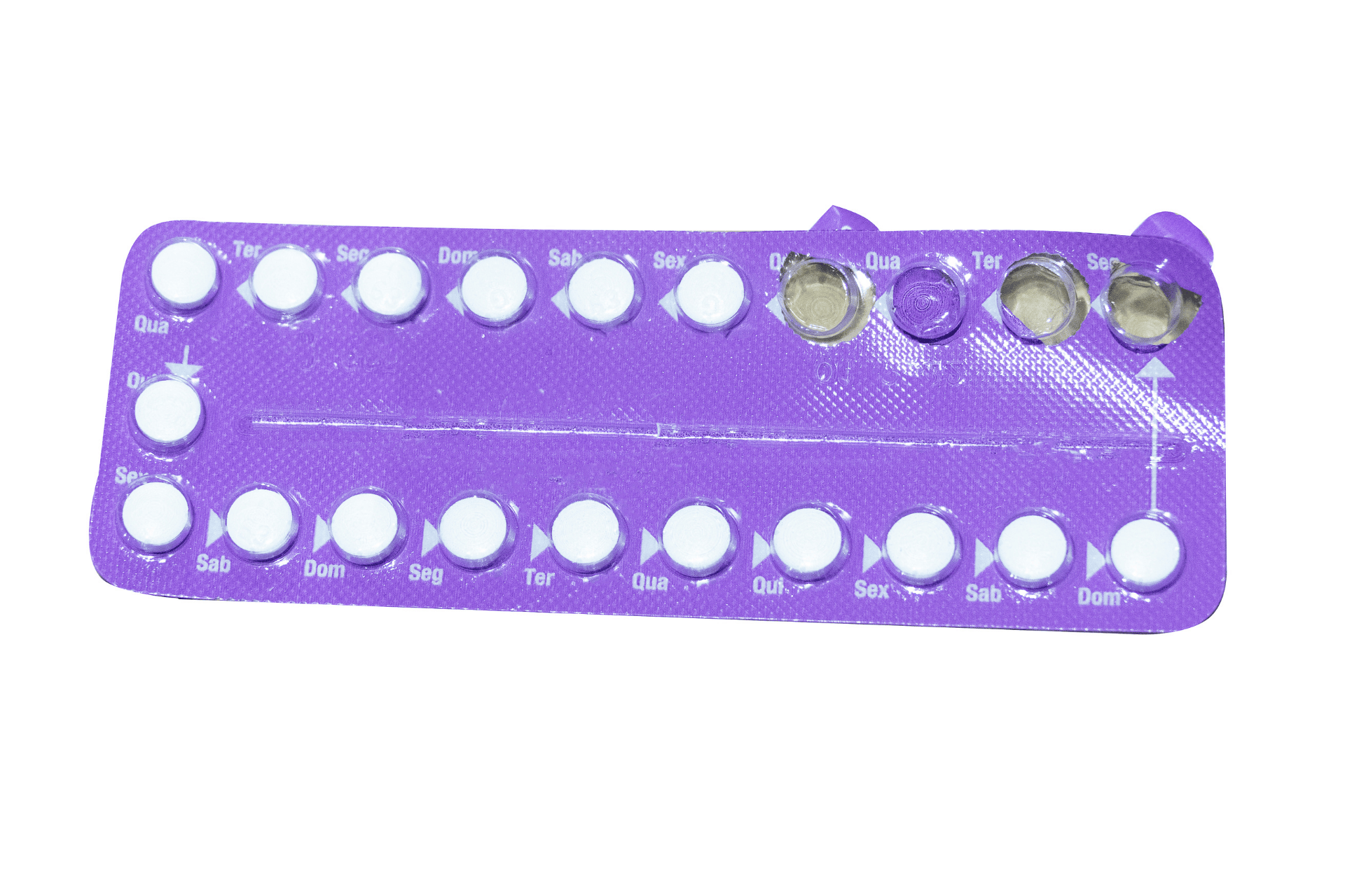 Purple blister pack of birth control pills with several pills already removed.