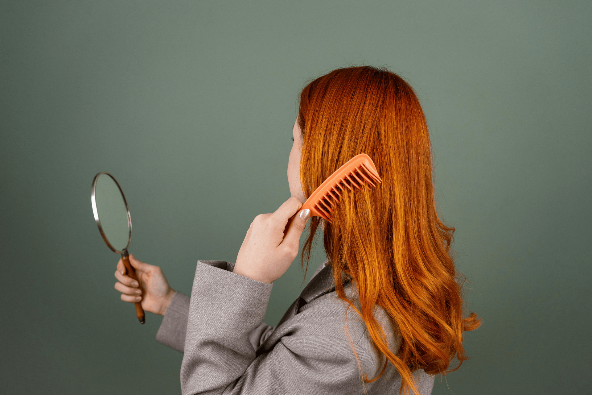 Woman with vibrant red hair, combing it while holding a hand mirror.