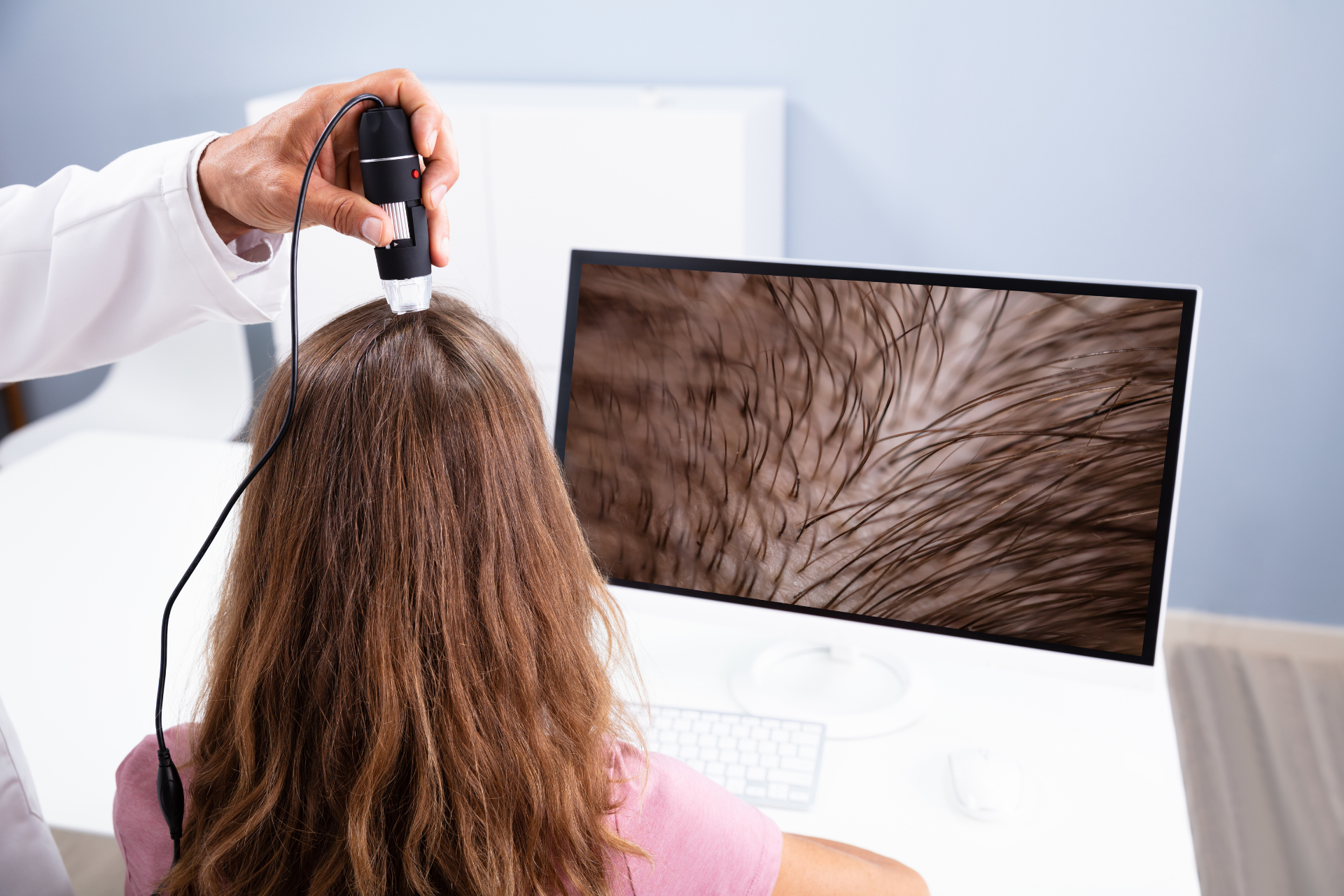 Dermatologist examining a woman’s scalp with a digital microscope while the magnified image appears on a computer screen.