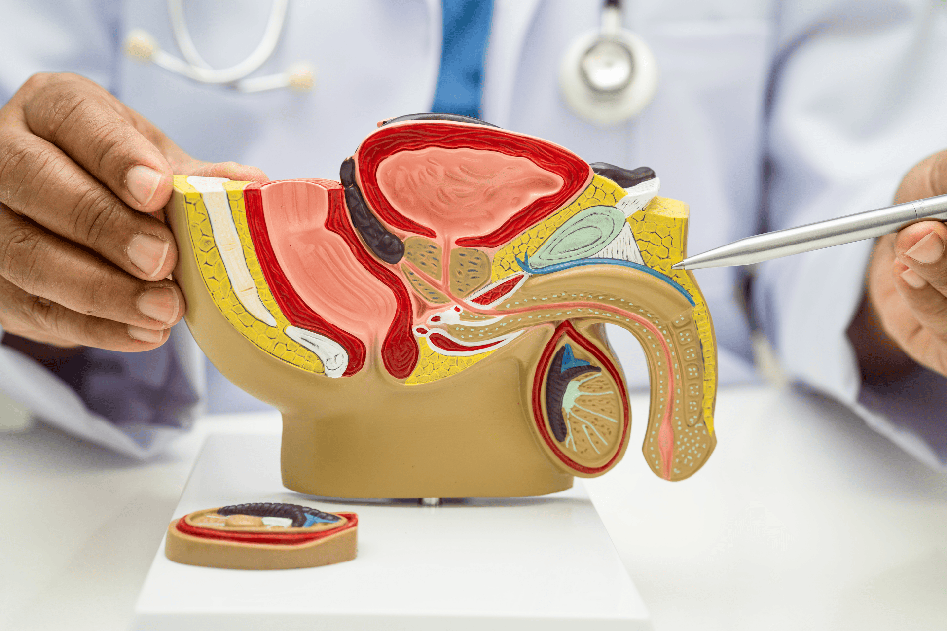 Doctor pointing to a male reproductive system anatomical model