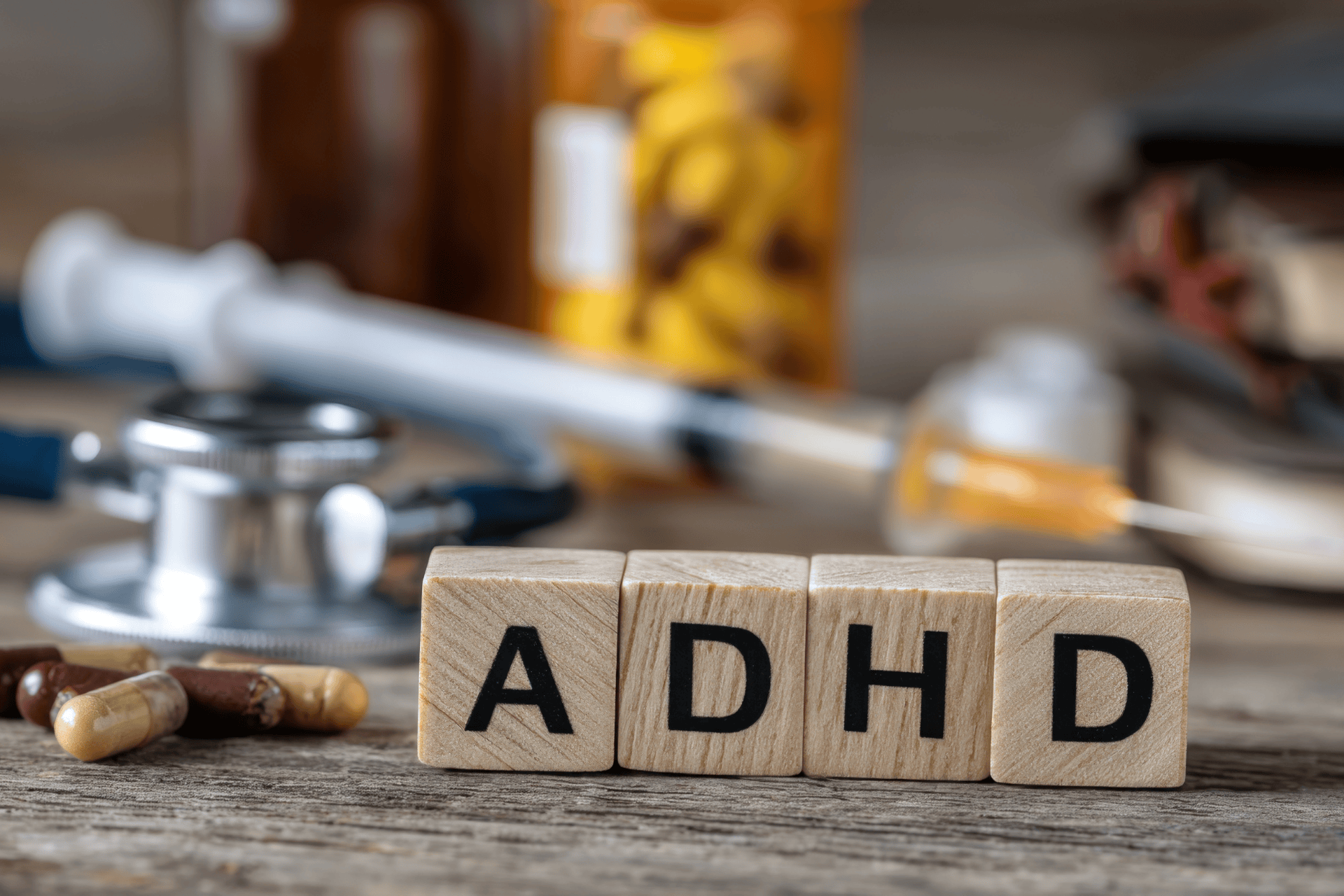 Wooden blocks spelling “ADHD” with medication and a stethoscope in the background.