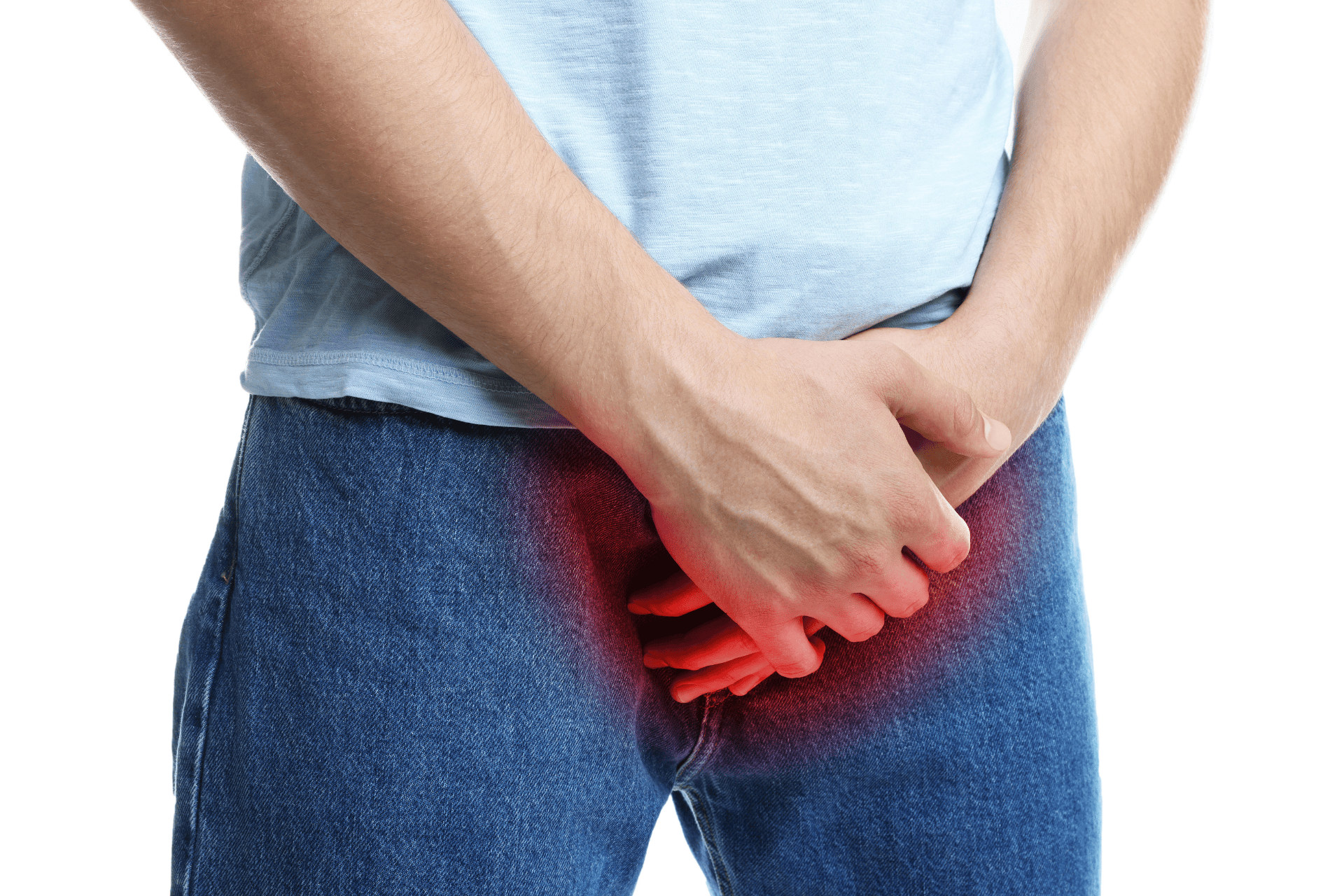 Man clutching his groin with a red pain highlight over the pelvic area.