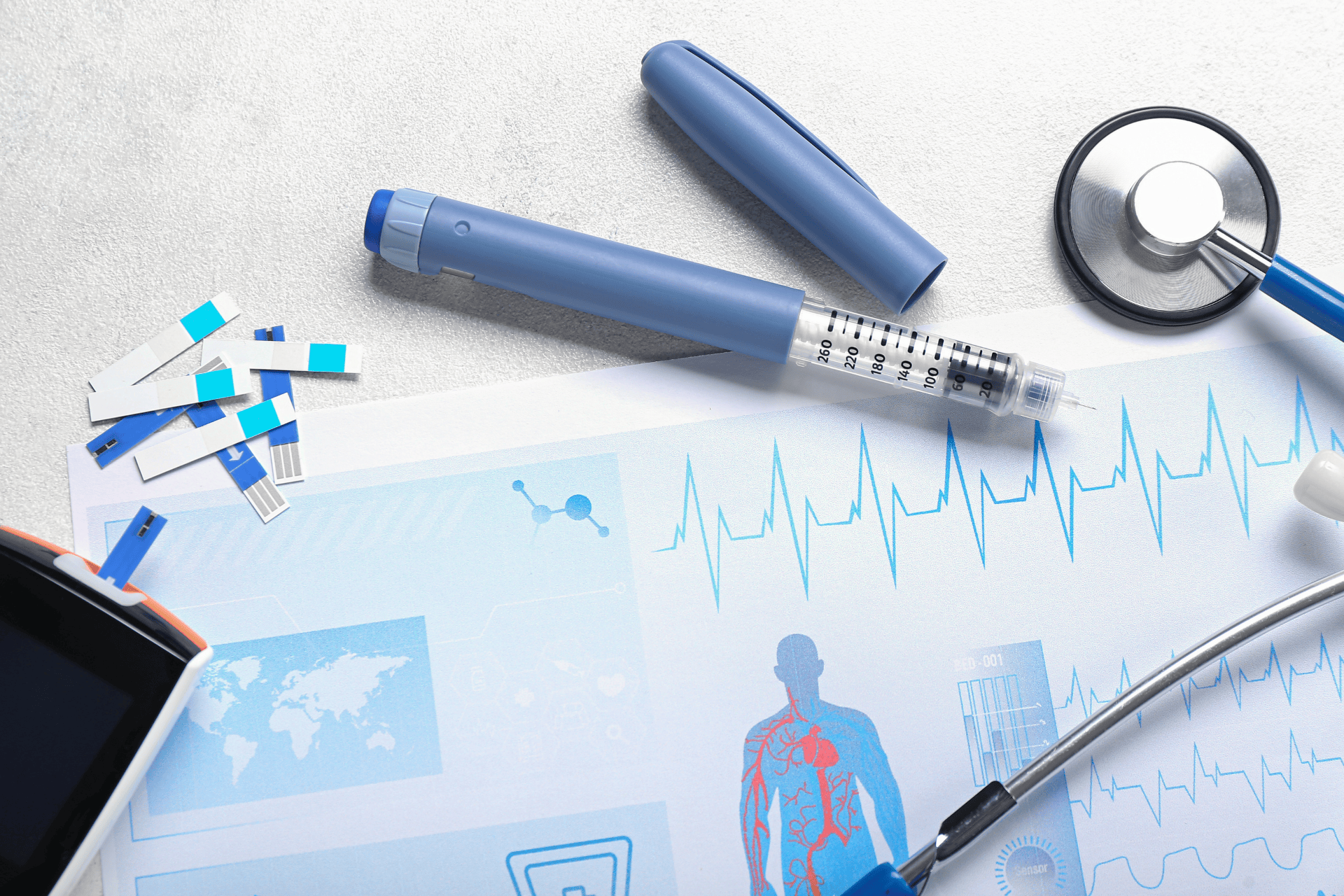 An insulin pen, test strips, and a stethoscope on a medical chart background.