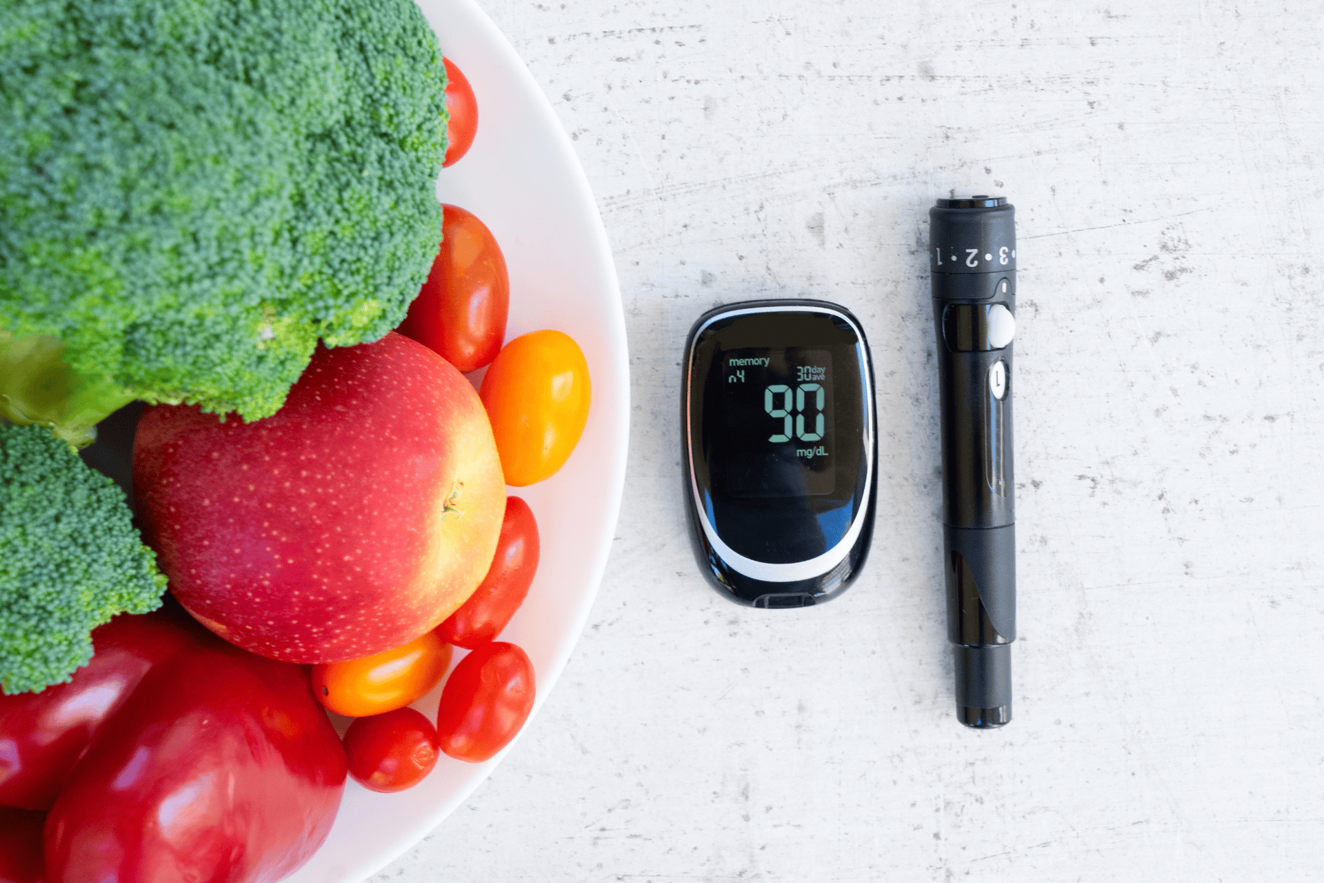 Healthy eating alongside blood glucose monitoring for diabetes management.