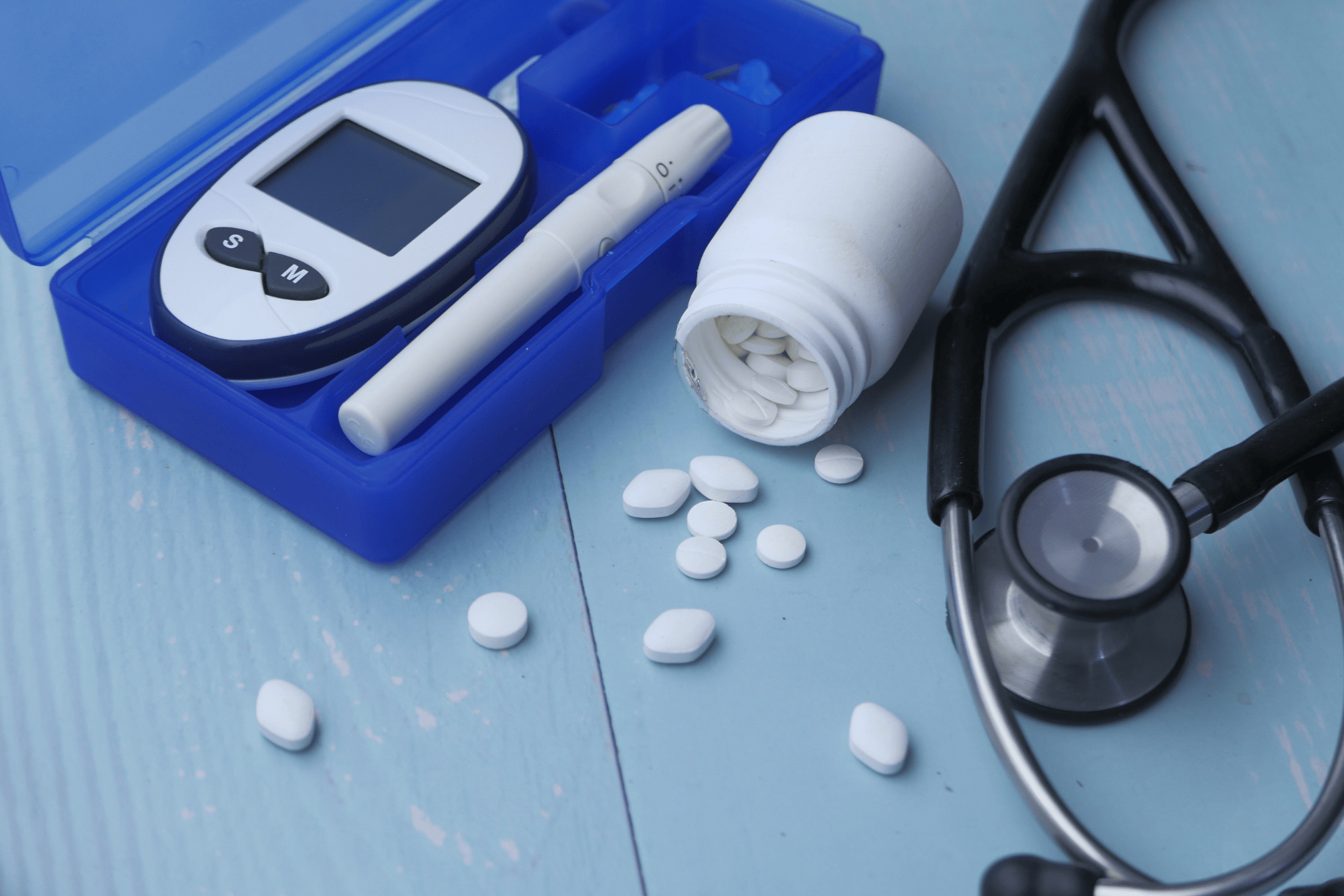Diabetes management essentials, including glucose monitoring, medication, and medical care tools.