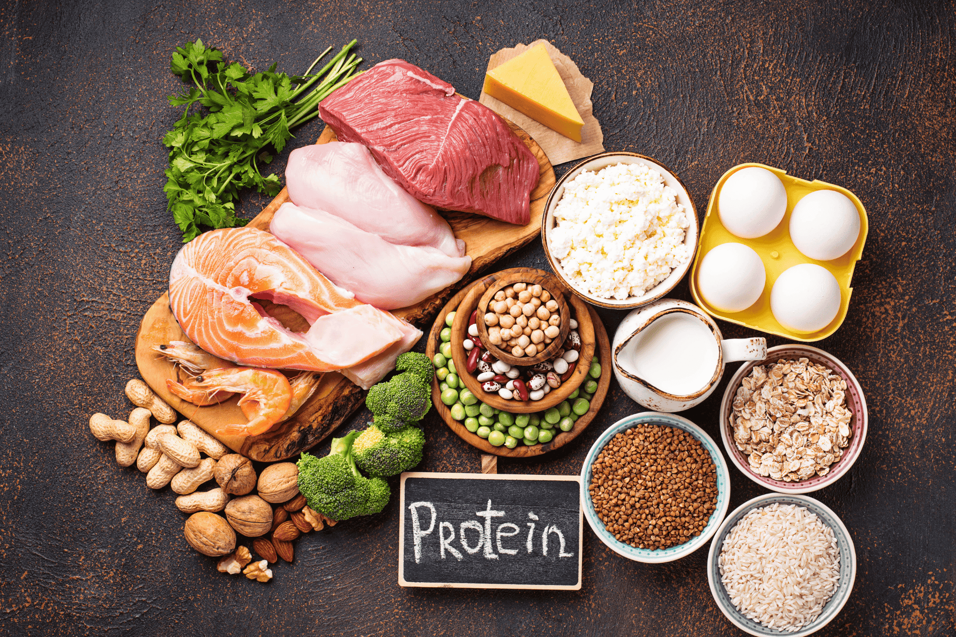 Various protein-rich foods like meat, fish, eggs, nuts, and beans arranged around a small chalkboard labeled ‘Protein'