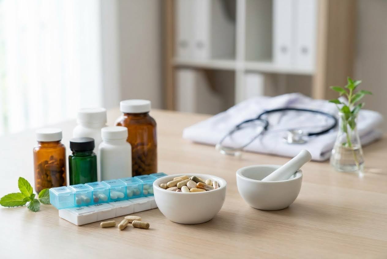 Various vitamin bottles, a pill organizer, capsules in a bowl, and a mortar and pestle on a light wooden table.