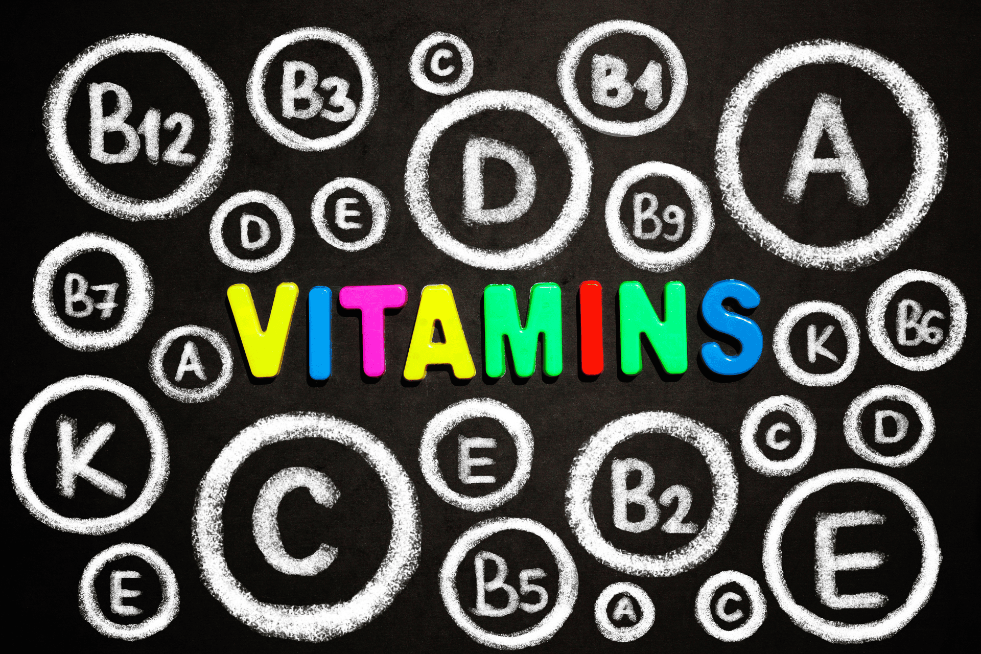 Colorful word “VITAMINS” surrounded by chalk-drawn circles labeling different vitamins on a blackboard background.