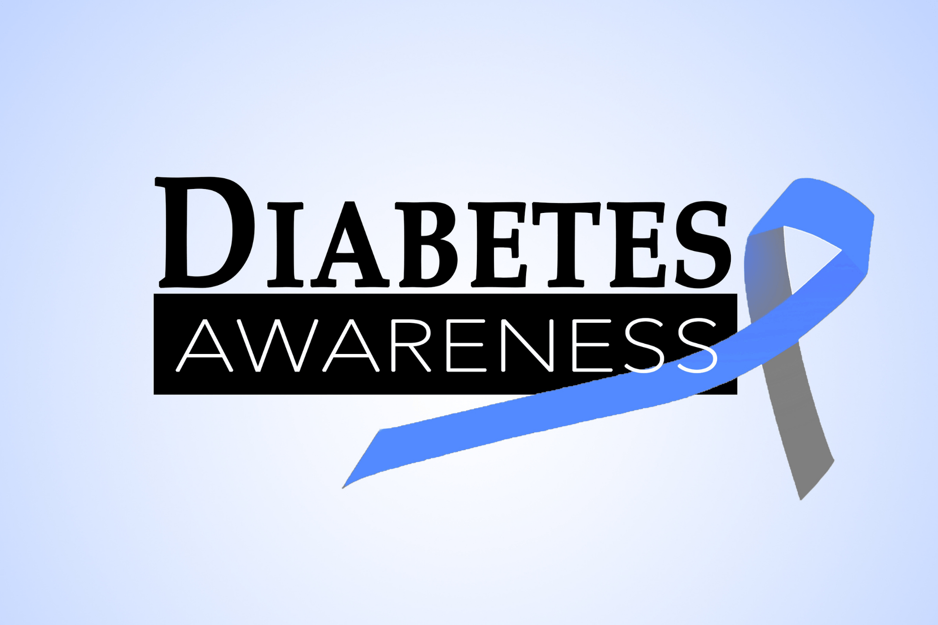 Diabetes Awareness text with a blue and gray awareness ribbonDiabetes awareness graphic with a blue and gray ribbon and bold black text on a light blue background.