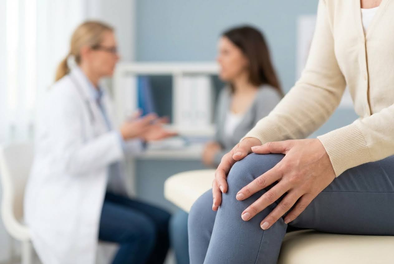 Woman holding her knee in pain while a doctor and another woman talk in the blurred background.