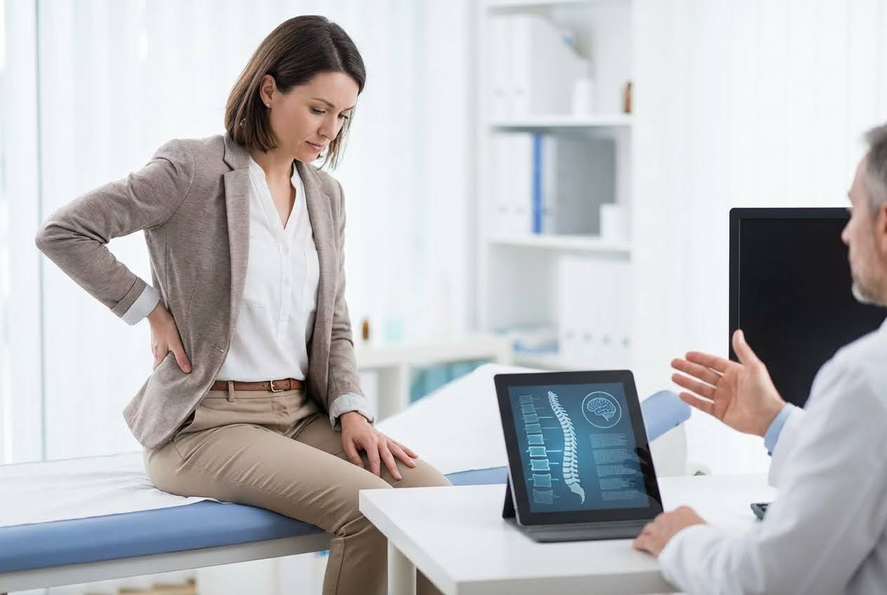 Woman holding her lower back while sitting on an exam table, talking to a doctor with a spine diagram on a tablet.