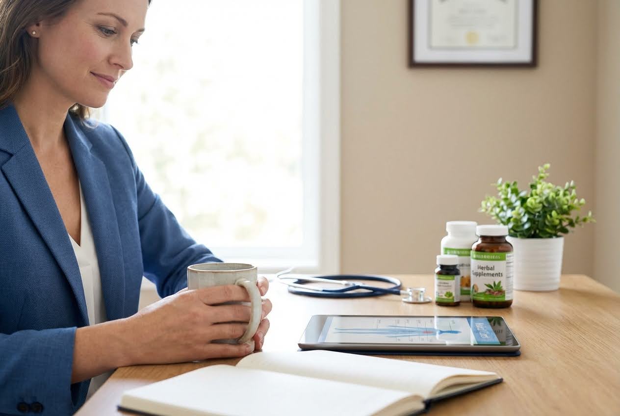 Woman in a blue blazer holding a mug, looking at a tablet with supplements, a stethoscope, and a plant on a wooden desk.