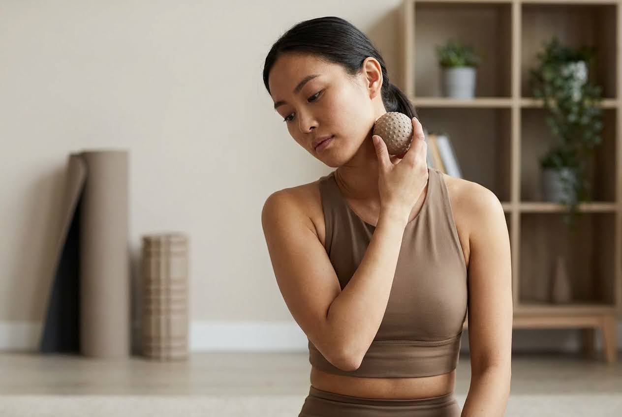 Woman in a brown sports bra using a textured massage ball on her neck, with yoga mats in the background
