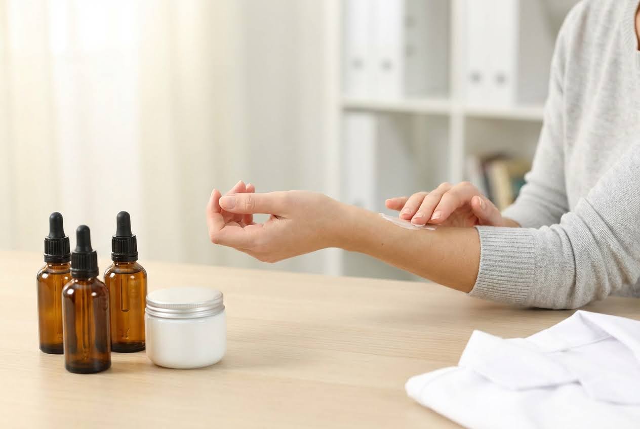 Woman in a gray sweater applying white cream to her forearm, with amber dropper bottles and a cream jar on a light wooden table.