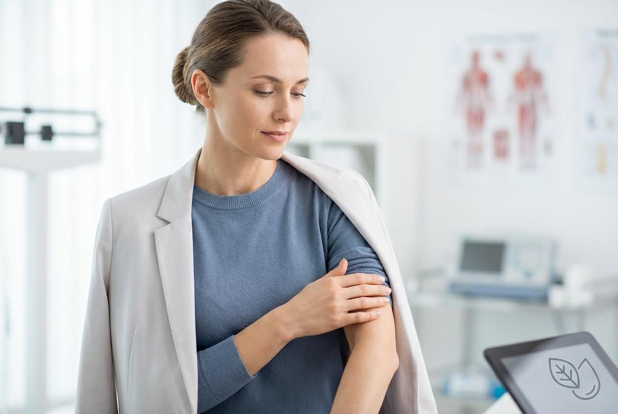 Woman in a light blazer and blue sweater gently rubbing her arm, looking down, in a doctor's office.