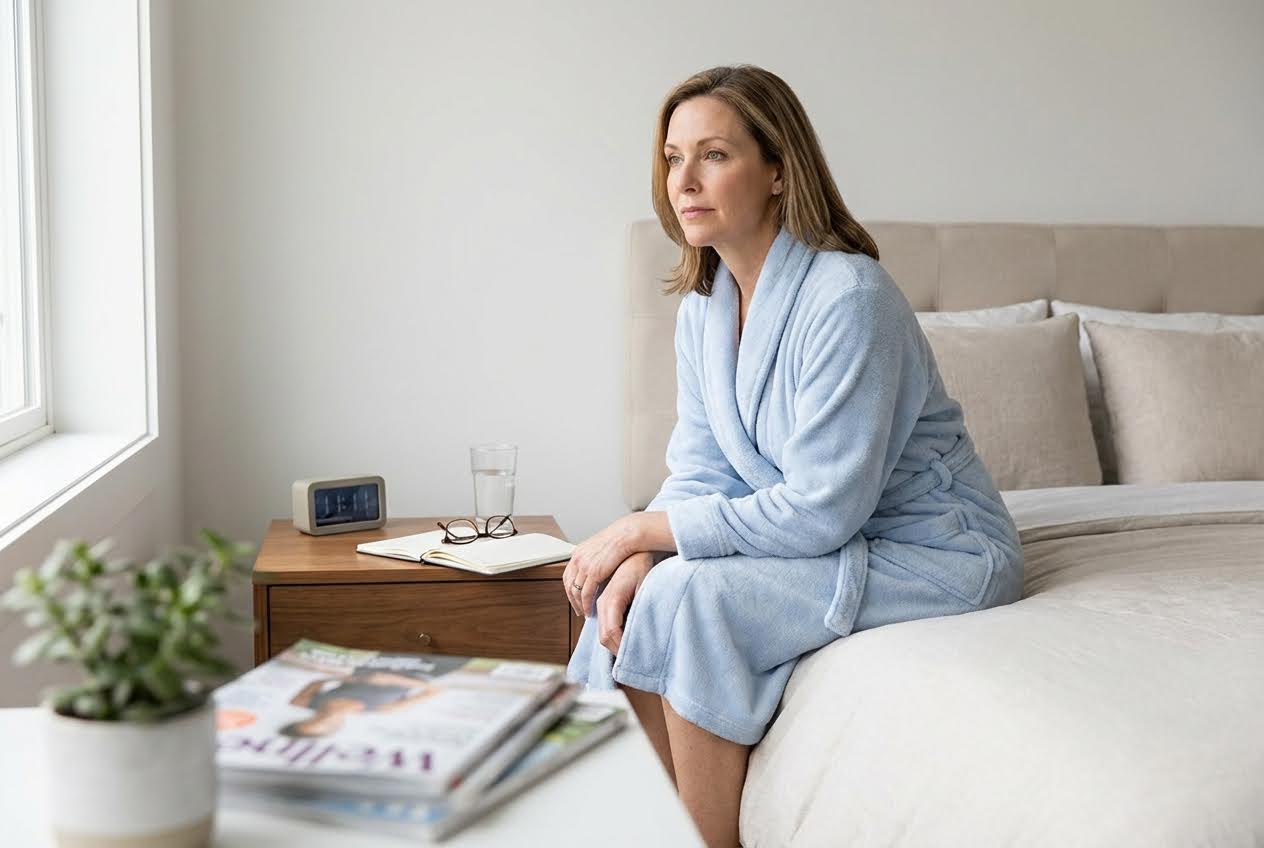Woman in a light blue robe sits on a bed, looking out a window, with a clock and a notebook on a nightstand.