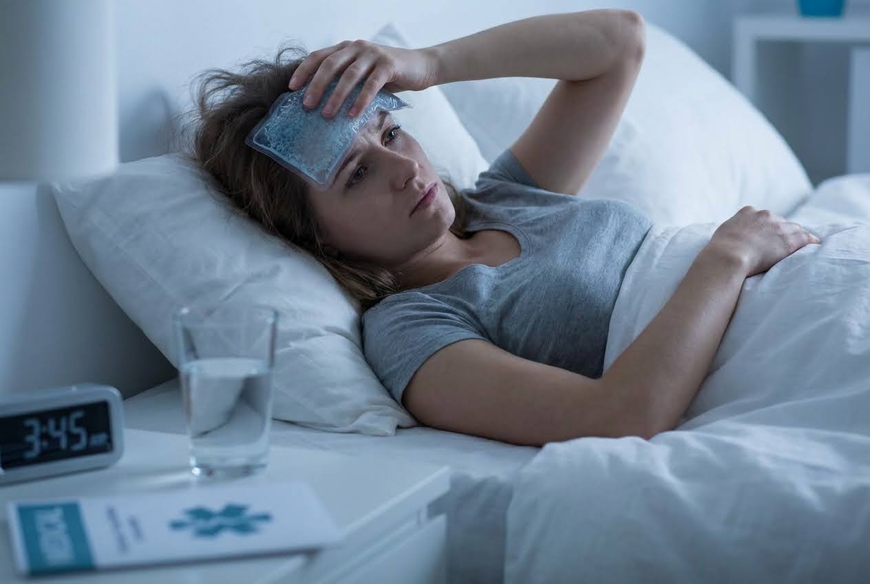 Woman in bed at 3:45 AM with an ice pack on her forehead, looking distressed.