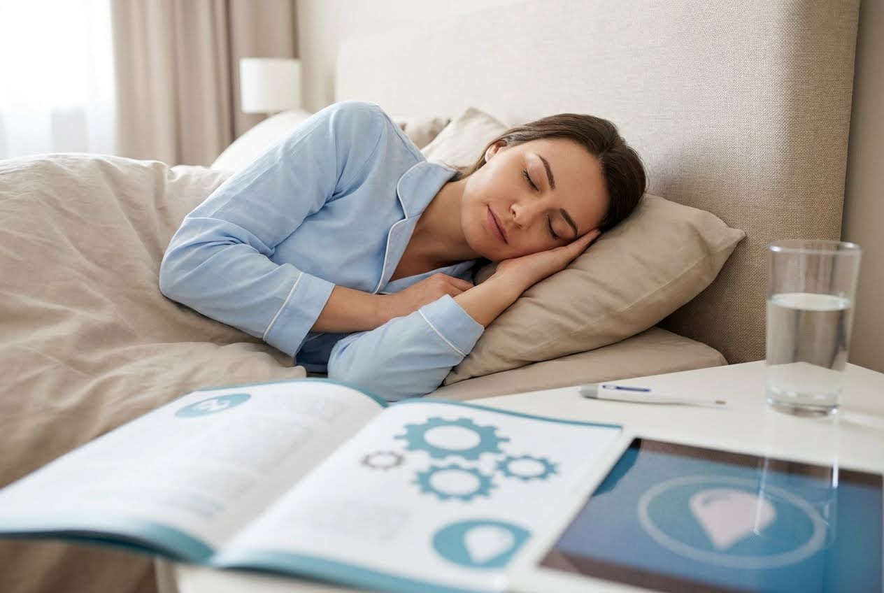 Woman in blue pajamas sleeping peacefully in bed, with a glass of water and a thermometer on the nightstand