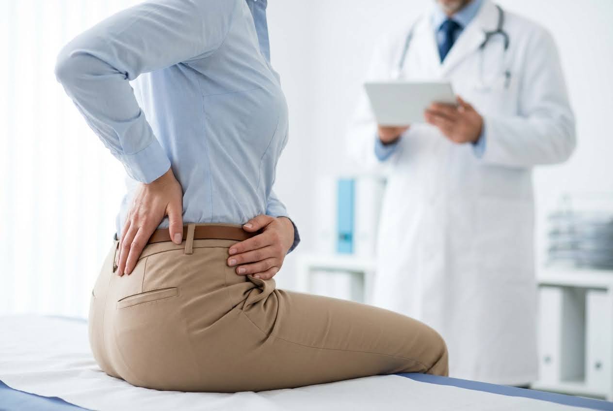 A woman in a blue shirt and tan pants sits on an exam table, holding her lower back in pain, with a doctor in the background