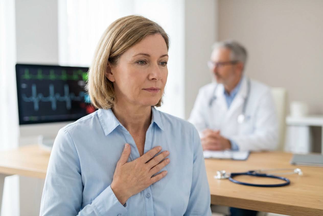 Woman in a blue shirt holding her chest, looking concerned, with a doctor and an ECG monitor in the blurred background