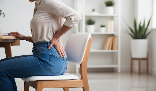 A woman sitting on a chair pressing her hand against her sore back.