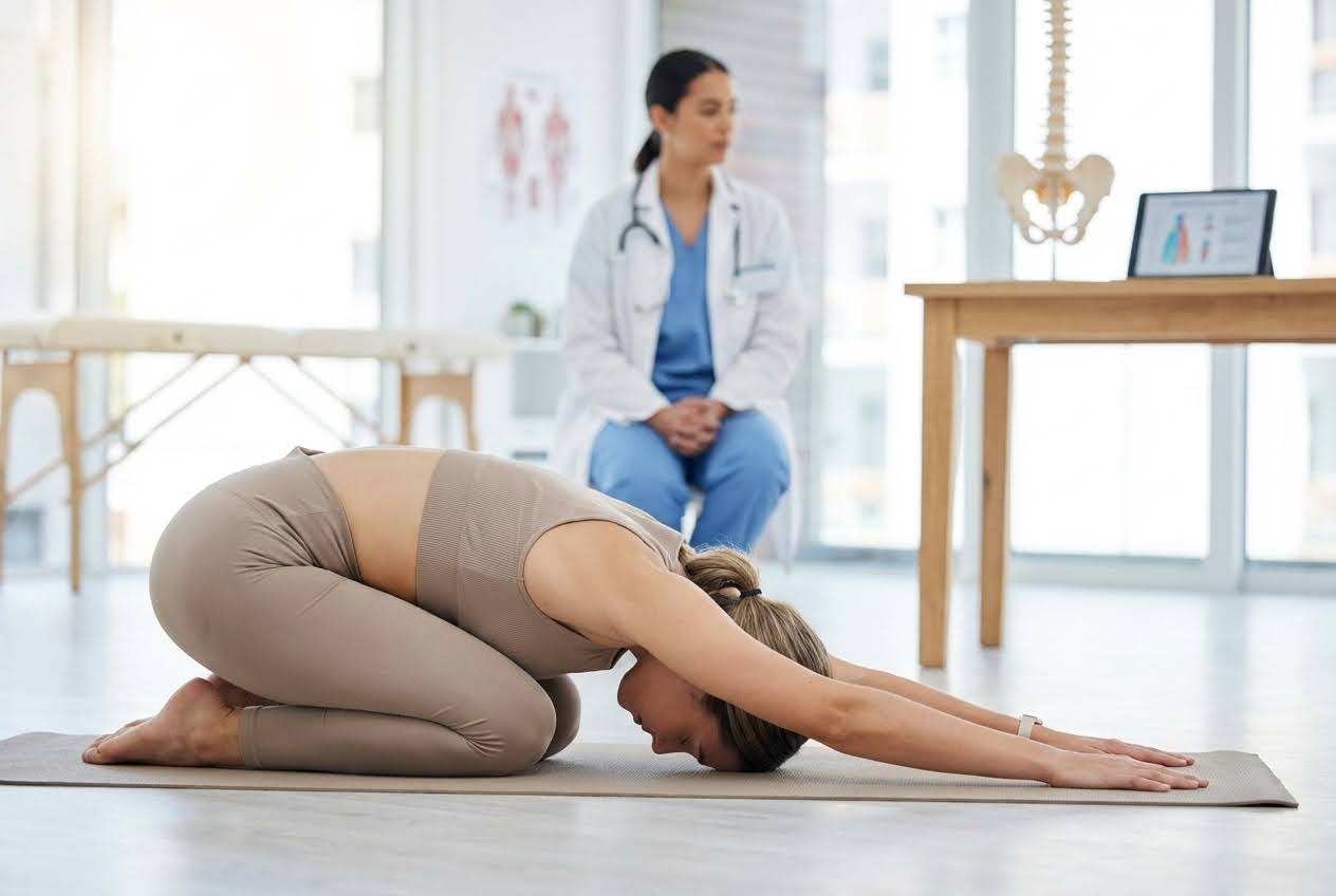 Woman in Child's Pose on a yoga mat, with a doctor observing in the background of a bright medical office.