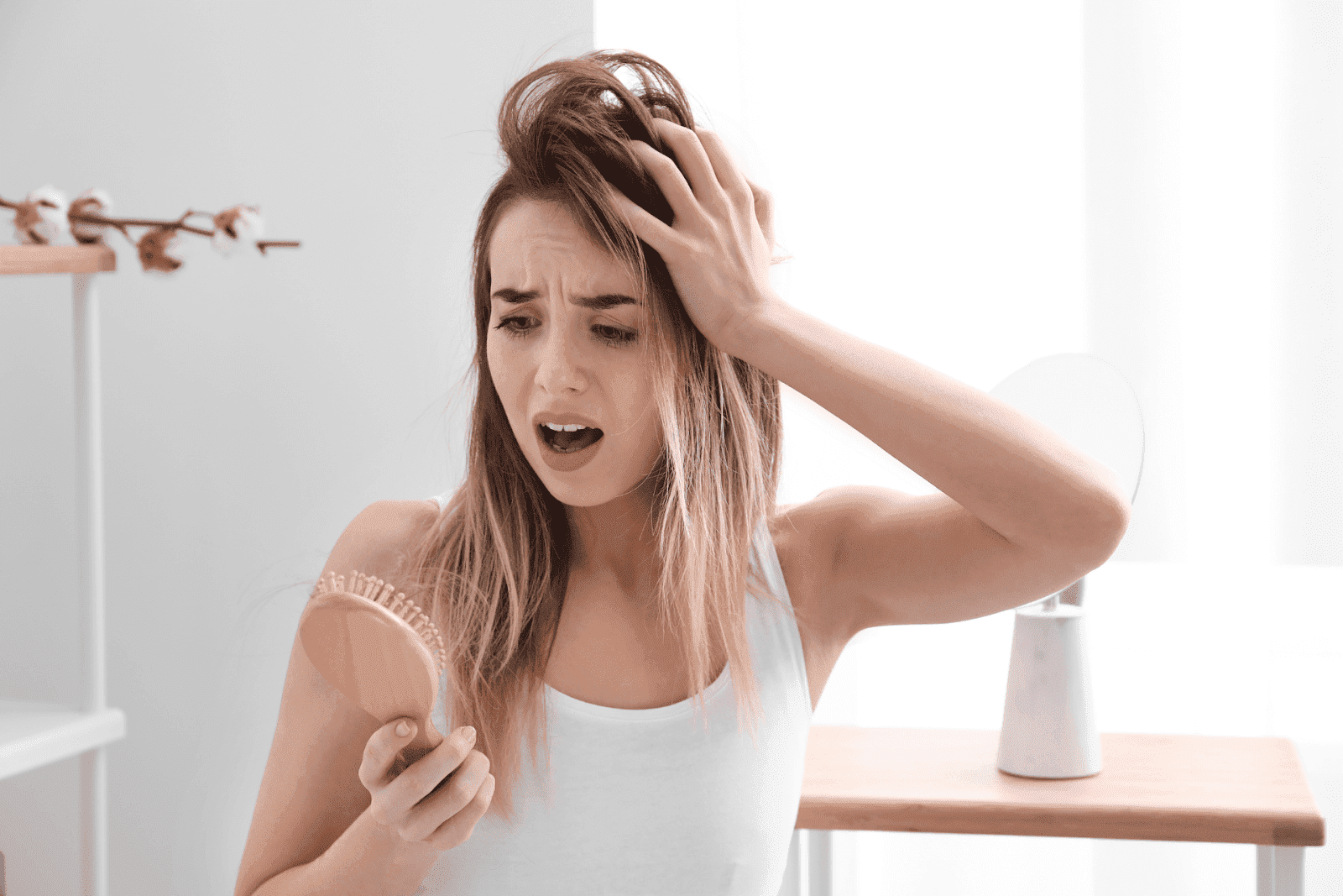 Woman looking distressed while examining hair loss on a hairbrush.