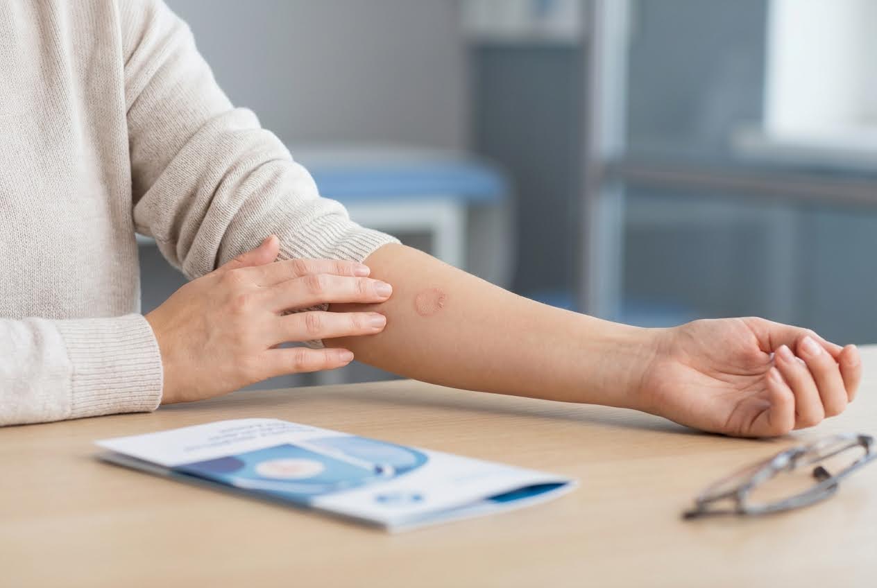 Woman's arm with a circular, raised, red patch on the forearm, as she gently touches it.