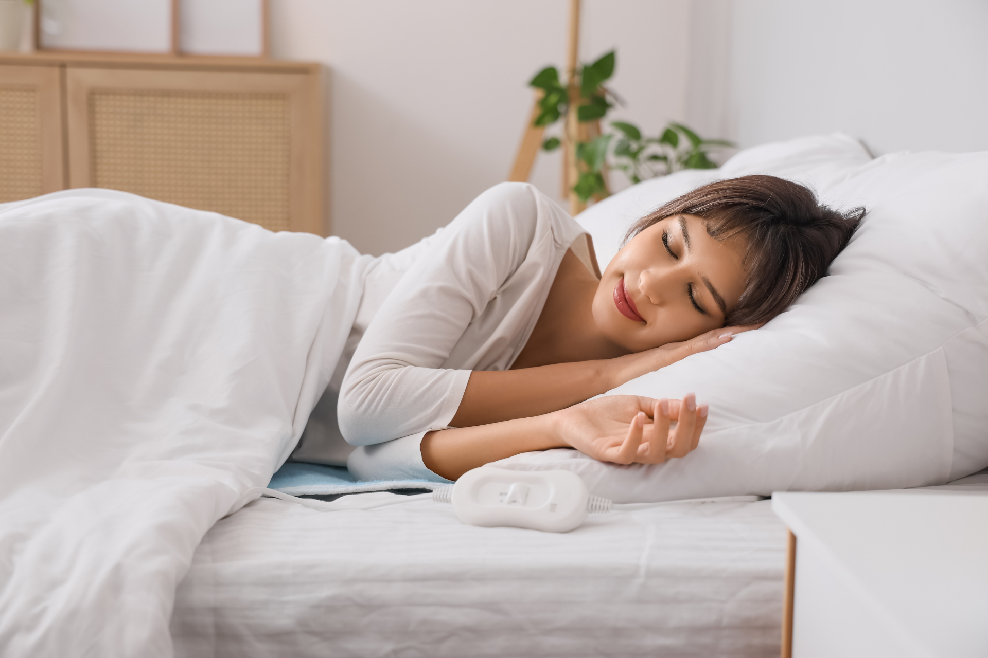 Woman sleeping comfortably in bed with a heating pad