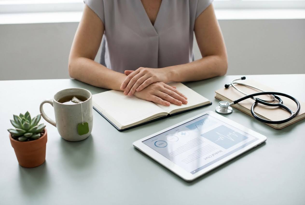Woman with hands on an open notebook, a cup of tea, a tablet with a medical chart, and a stethoscope on a light green desk