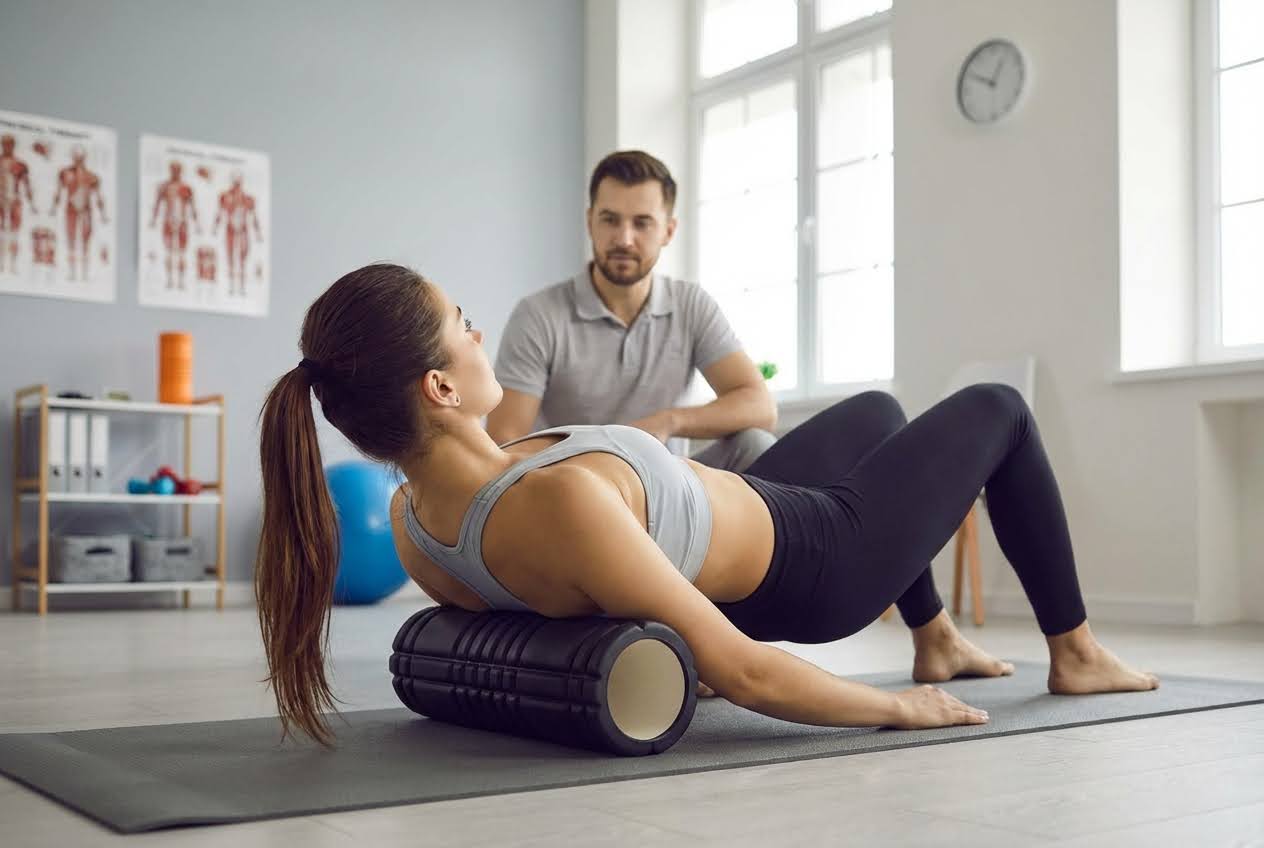 Woman with ponytail foam rolling her upper back on a yoga mat, supervised by a male instructor in a bright room