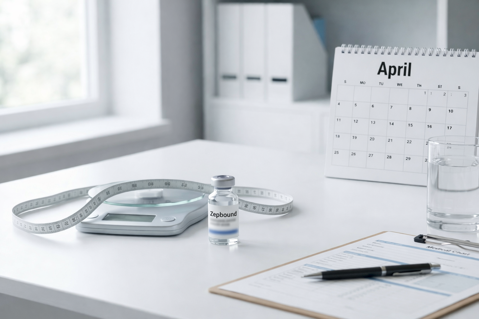 Zepbound vial, scale, measuring tape, calendar, and medical chart on a white desk