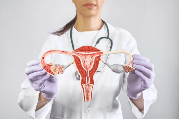 Doctor in a white coat and gloves holding a detailed anatomical model of the female reproductive system.
