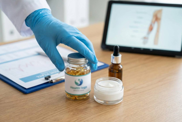 Gloved hand reaching for a bottle of capsules next to a jar of cream, a dropper bottle, and tablet on a wooden desk.