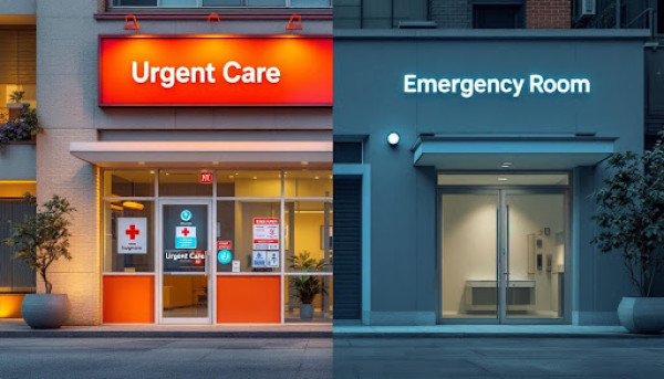 Split image showing Urgent Care building on left and Emergency Room building on the right.