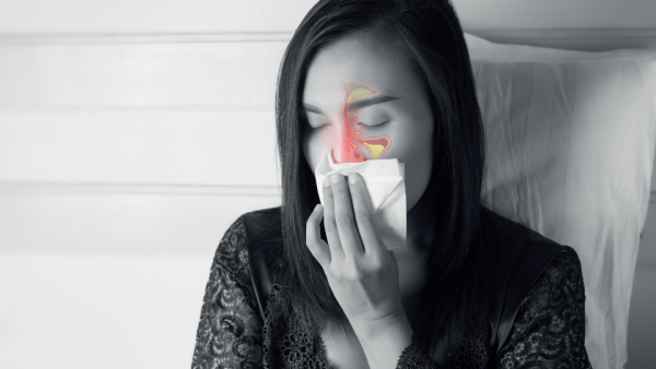 Woman blowing nose using a tissue with illustration highlighting the nasal cavities