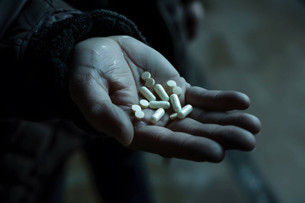 A hand holding lots of pills and capsules